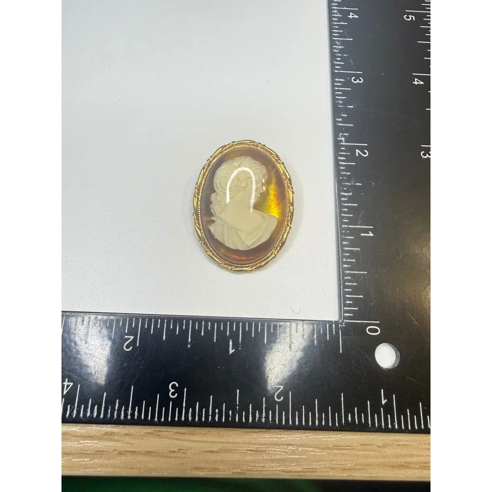 Vintage Gold Tone Amber Resin Cameo Brooch Pendant Left Facing‎ Female Profile